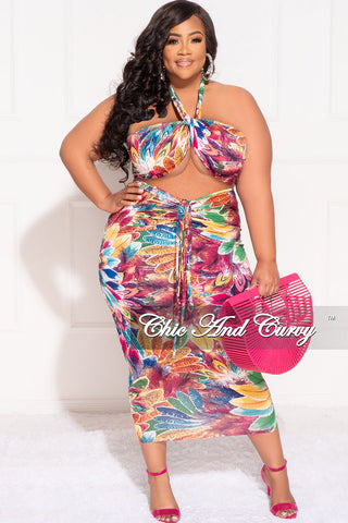 Final Sale Plus Size 2pc Halter Top and Ruched Skirt Set in Floral Multi Color Print Summer