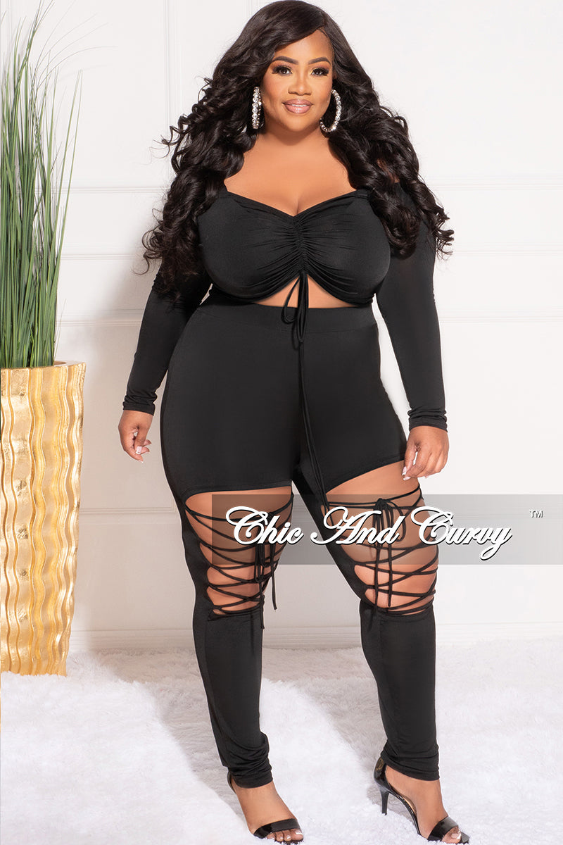 Final Sale Plus Size 2pc Crop Top and Lace Up Pants Set in Black – Chic And  Curvy