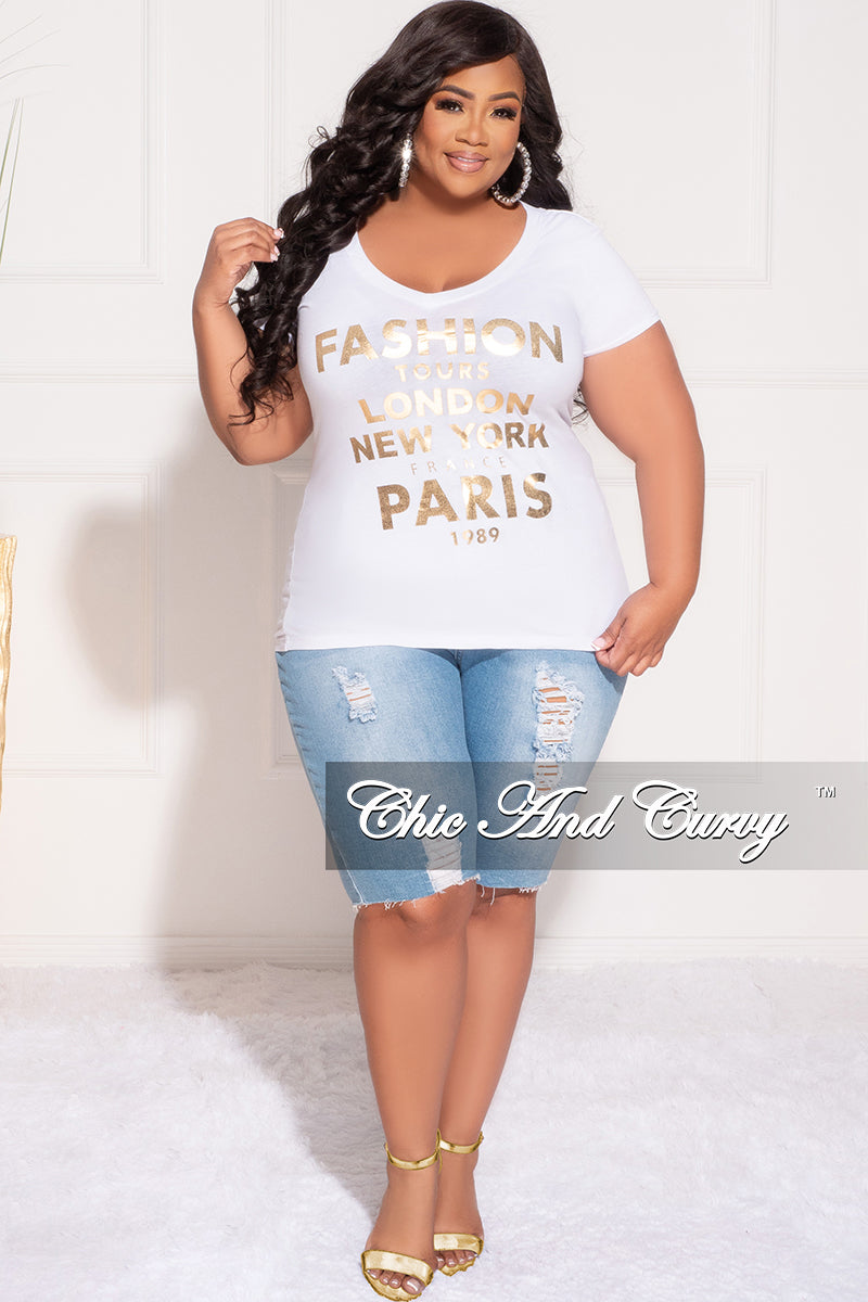 Final Sale Plus Size "Fashion Tour" T-Shirt in White and Gold