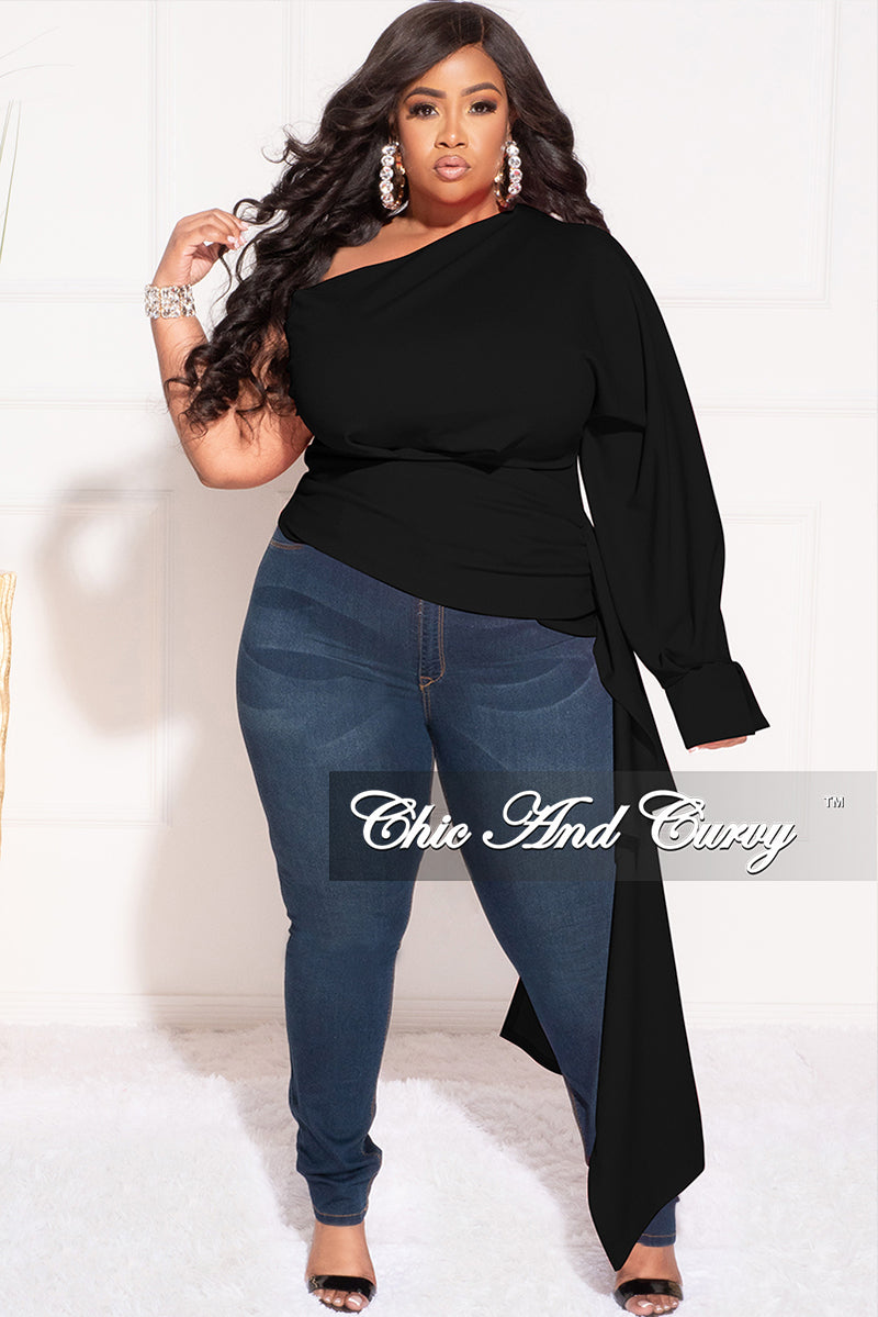 Final Sale Plus Size One Shoulder Top with Side Train in Black