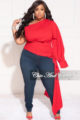 Final Sale Plus Size One Shoulder Top with Side Train in Red