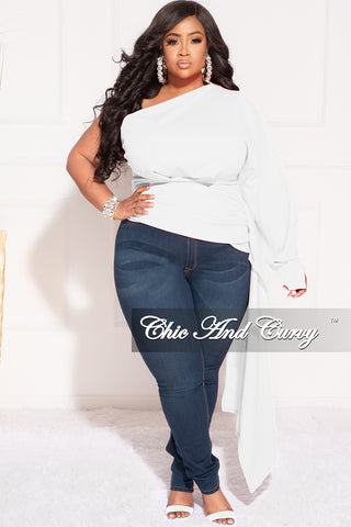 Final Sale Plus Size One Shoulder Top with Side Train in White