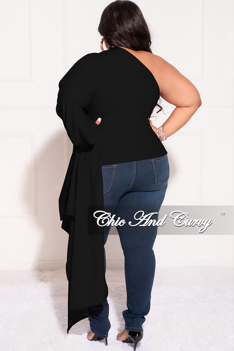 Final Sale Plus Size One Shoulder Top with Side Train in Black