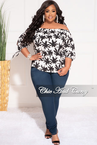 Final Sale Plus Size Off the Shoulder Top in White and Black Chestnut Leaf Print