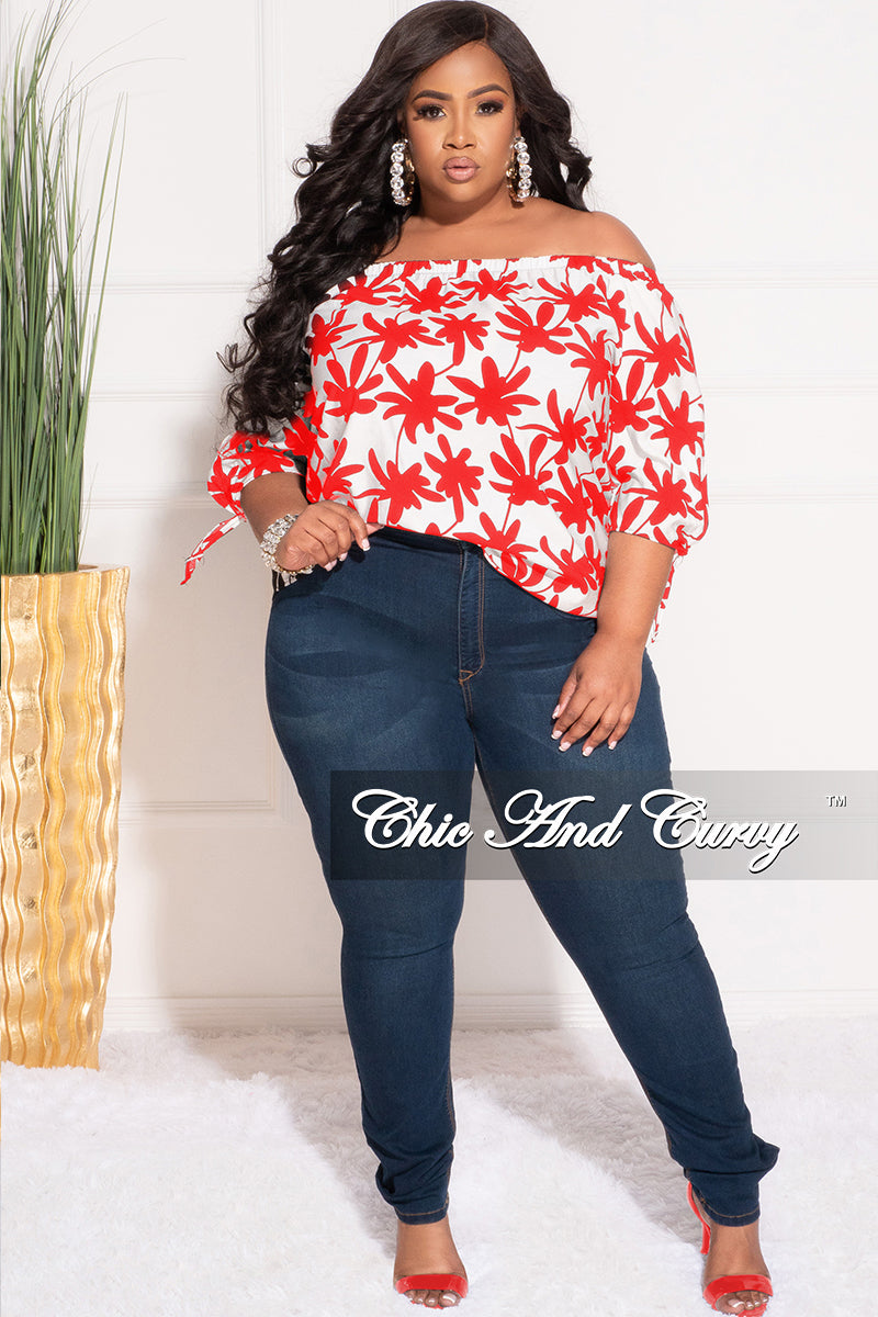 Final Sale Plus Size Off the Shoulder Top in White and Red Chestnut Leaf Print