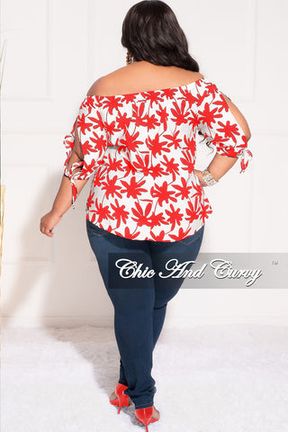 Final Sale Plus Size Off the Shoulder Top in White and Red Chestnut Leaf Print