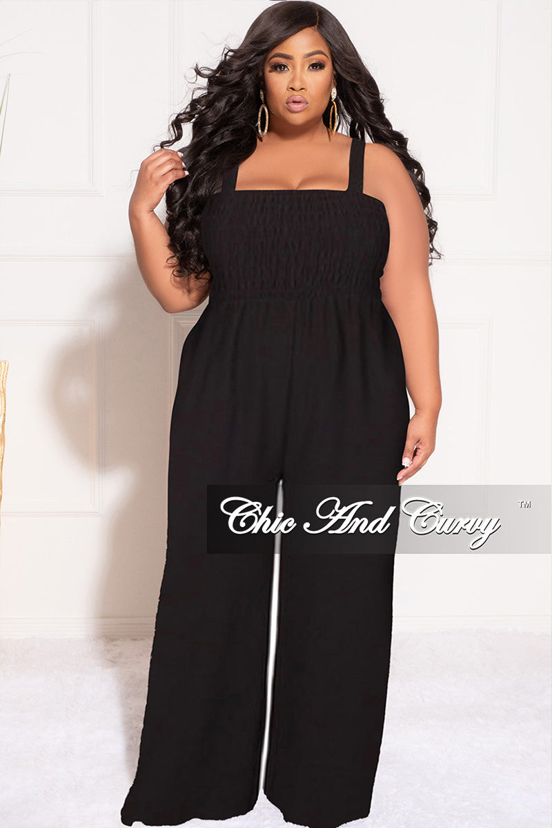 Final Sale Plus Size Sleeveless Shirred Jumpsuit in Black