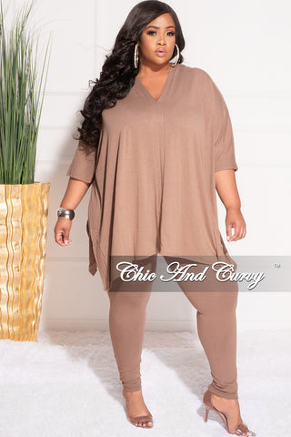 Final Sale Plus Size 2pc V Neck Tunic Top and Matching Legging Set in Brown