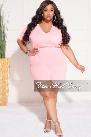 Final Sale Plus Size Short Sleeve French Terry V Neck Romper in Light Pink