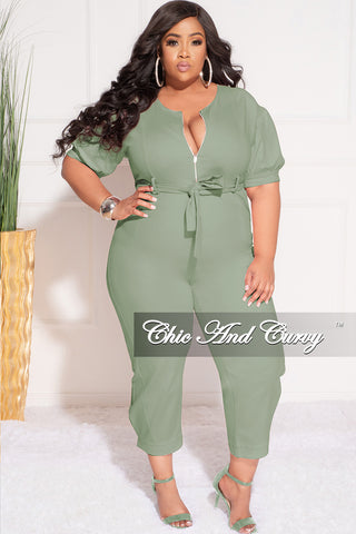 Final Sale Plus Size Cropped Zip-Up Wide Leg Jumpsuit in Olive