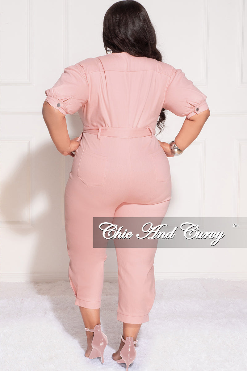 Final Sale Plus Size Cropped Zip-Up Wide Leg Jumpsuit in Dark Pink / Blush