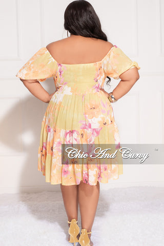 Final Sale Plus Off the Shoulder Shirred 3 Tiered Baby Doll Dress in Yellow Orange and Pink Floral Print