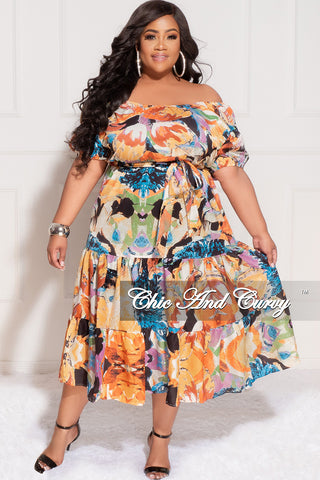 Final Sale Plus Size Off the Shoulder Dress with Waist Tie and Ruffle Bottom in Multi Color Print