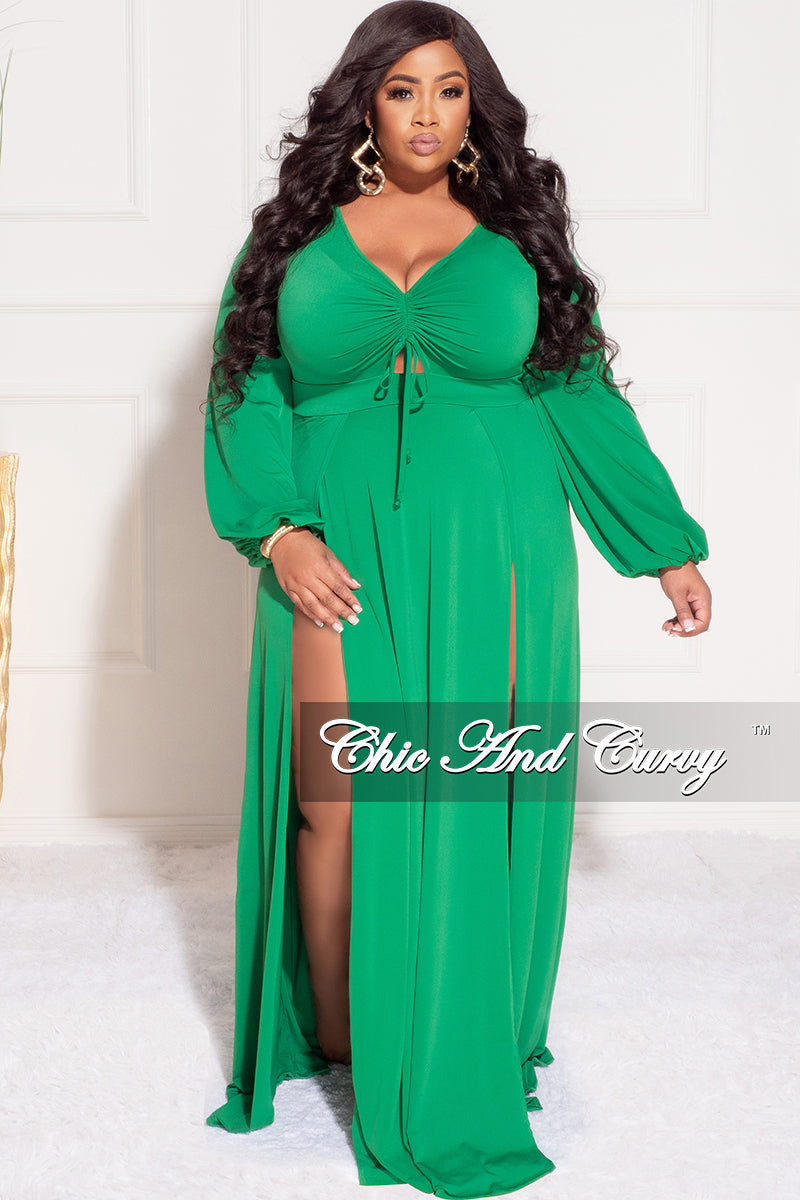Final Sale Plus Size Ruched Maxi Dress with Double Slits in Green