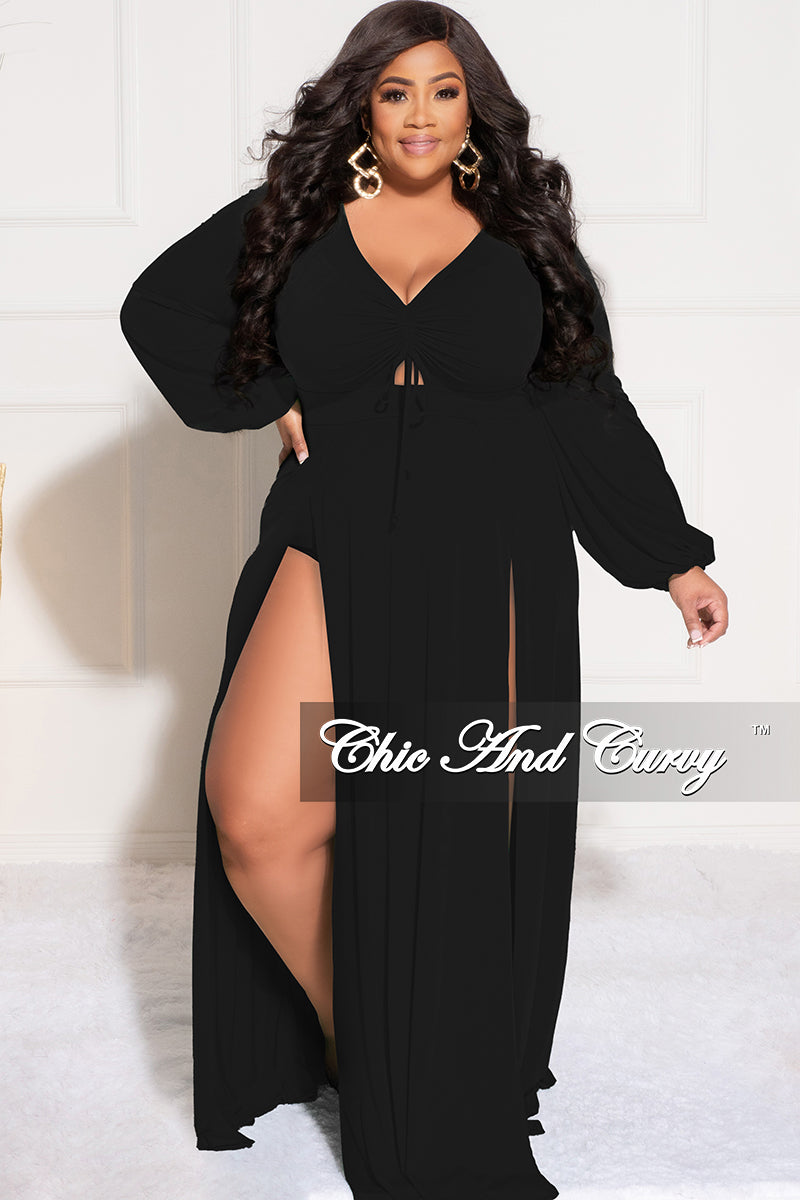 Final Sale Plus Size Ruched Maxi Dress with Double Slits in Black
