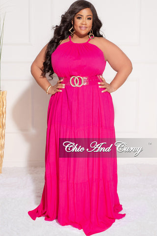Final Sale Plus Size Long Halter Dress with Back Tie in Hot Pink