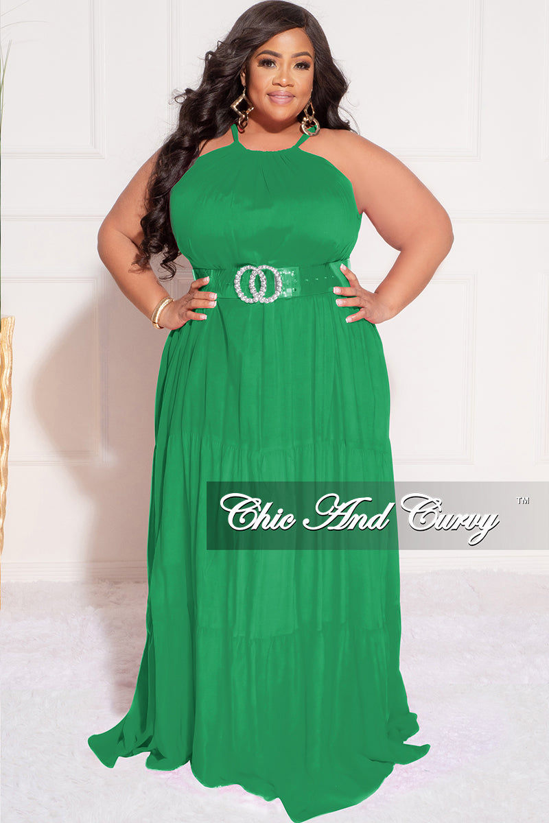 Final Sale Plus Size Long Halter Dress with Back Tie in Green