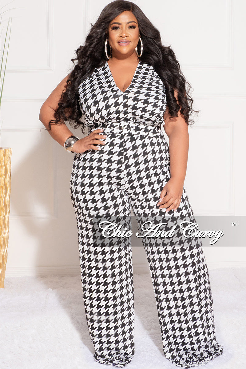 Final Sale Plus Size Jumpsuit with Waist Belt in Houndstooth Print
