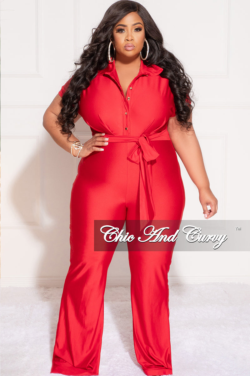 Final Sale Plus Size Shiny Collar Button Up Stretchy Jumpsuit in Red