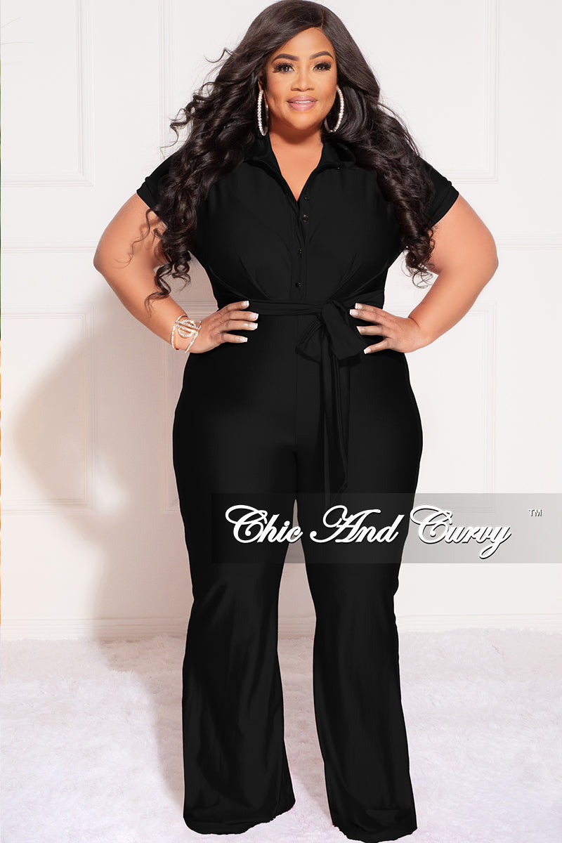 Final Sale Plus Size Shiny Collar Button Up Stretchy Jumpsuit in Black