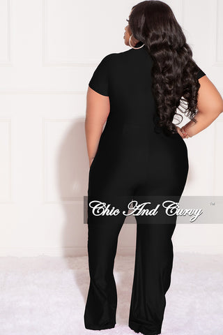 Final Sale Plus Size Shiny Collar Button Up Stretchy Jumpsuit in Black