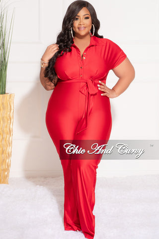 Final Sale Plus Size Shiny Collar Button Up Stretchy Jumpsuit in Red