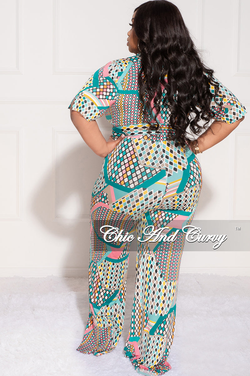 Final Sale Plus Size Collar Faux Wrap Jumpsuit with Belt in Polka Dot Multi Color Print