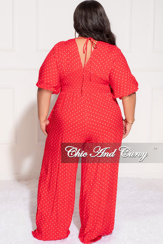 Final Sale Plus Size Deep V Jumpsuit in Red and White Polka Dot