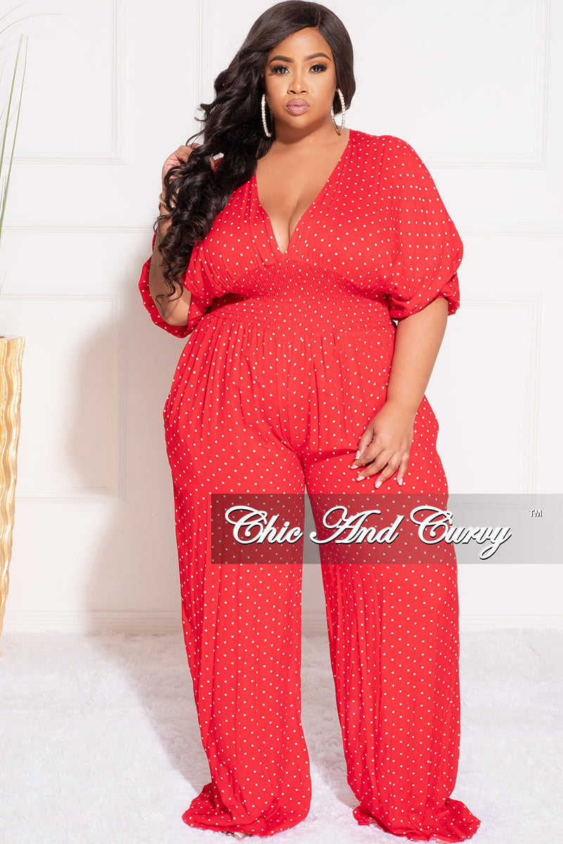Final Sale Plus Size Deep V Jumpsuit in Red and White Polka Dot