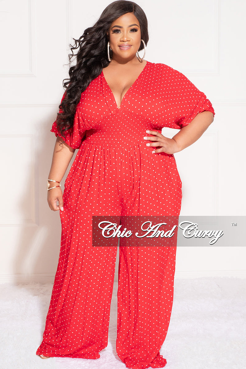 Final Sale Plus Size Deep V Jumpsuit in Red and White Polka Dot Chic And Curvy Final Sale Plus Size Deep V Jumpsuit in Red and White Polka Dot Chic And Curvy