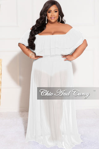 Final Sale Plus Size Off the Shoulder Mesh Ruffle Bodysuit Dress with Double Slits in White