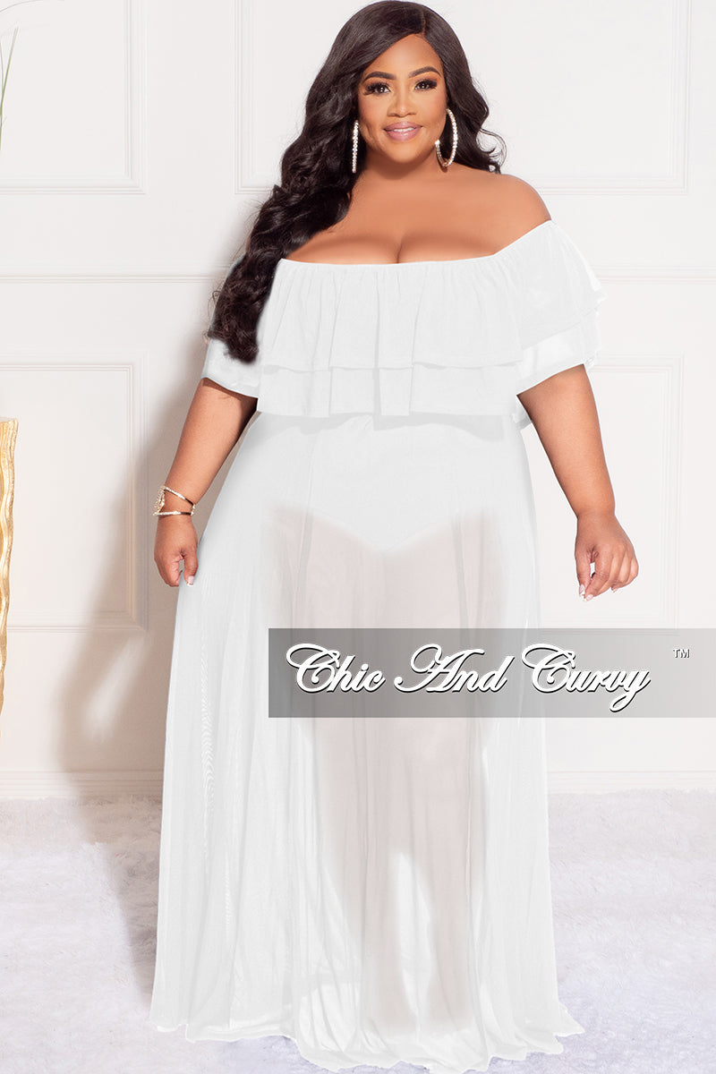 Final Sale Plus Size Off the Shoulder Mesh Ruffle Bodysuit Dress with Double Slits in White