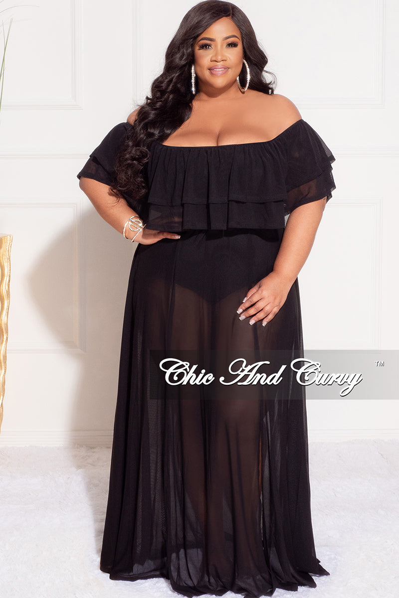 Final Sale Plus Size Off the Shoulder Mesh Ruffle Bodysuit Dress with Double Slits in Black