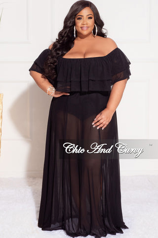 Final Sale Plus Size Off the Shoulder Mesh Ruffle Bodysuit Dress with Double Slits in Black
