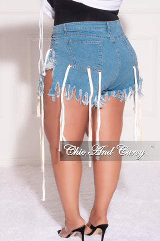 Final Sale Plus Size Eyelet Rope Shoe Lace Up Fringe Shorts in Blue Denim