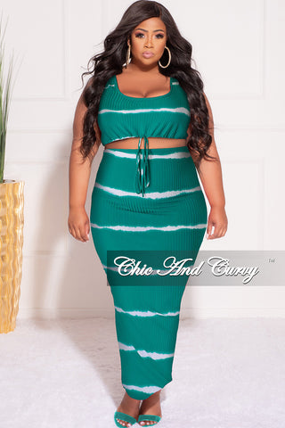 Final Sale Plus Size Ribbed 2pc Crop Drawstring Top and Pencil Skirt Set in Green and White Stripe Print