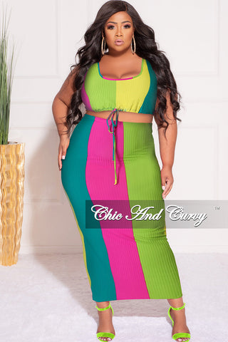 Final Sale Plus Size Ribbed 2pc Crop Drawstring Top and Pencil Skirt in Teal, Fuchsia , & Yellow