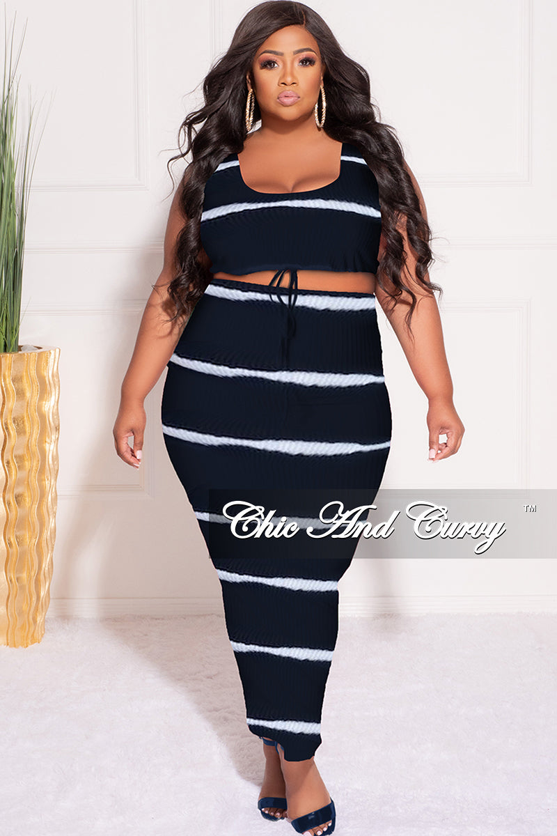 Final Sale Plus Size Ribbed 2pc Crop Drawstring Top and Pencil Skirt in Black and White