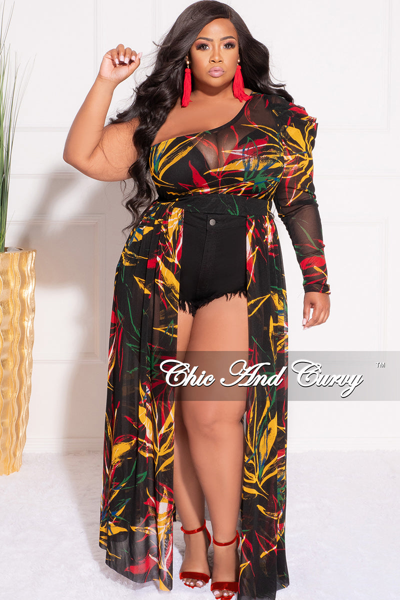 Final Sale Plus Size One Shoulder Mesh Top with Train in Black & Red Multicolor Design Print