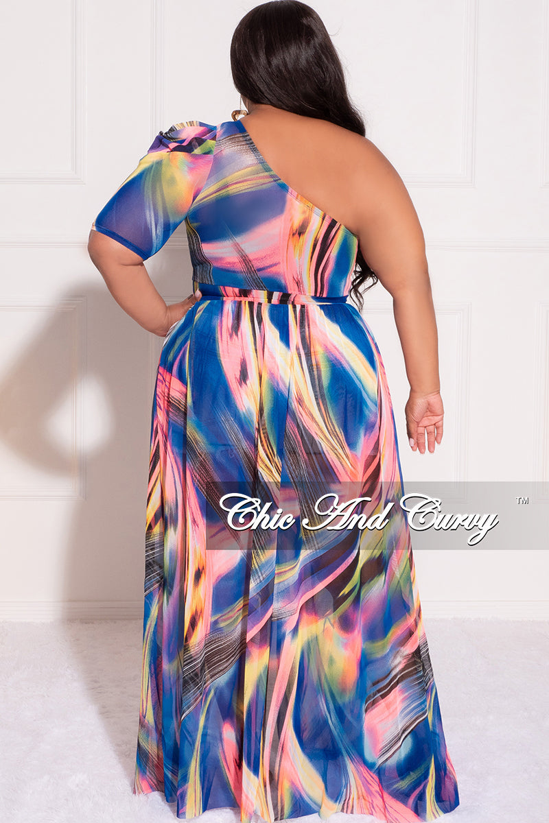Final Sale Plus Size One Shoulder Top with Train in Royal Blue Neon Pink and Yellow