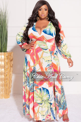 Final Sale Plus Size Faux Wrap Maxi Dress with Double Slits in Multi Color Chain Floral Print