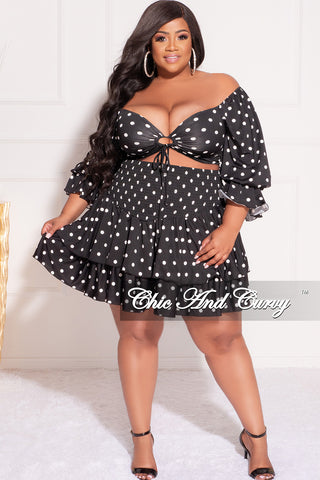Final Sale Plus Size 2pc Set Off the Shoulder Crop Tie Top and Ruffle Layered Hem Mini Skirt in Black & White Polka Dot