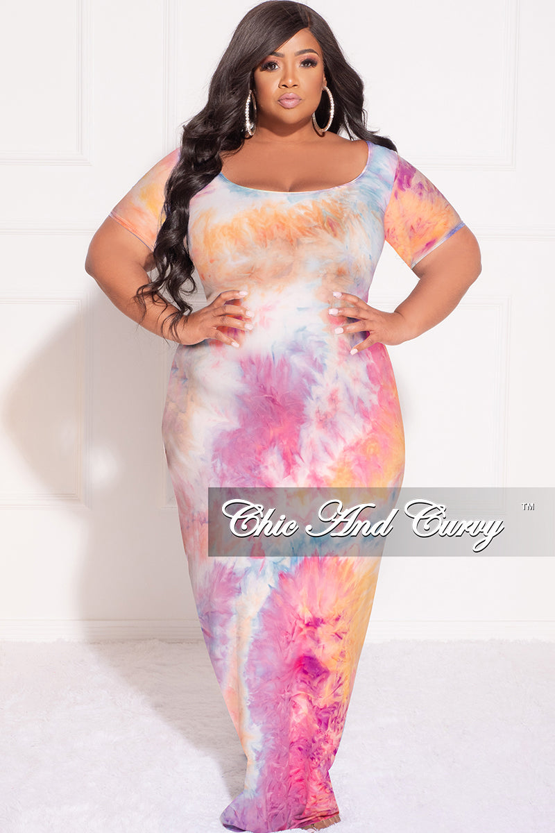 Final Sale Plus Size Short Sleeve Deep Scoop Neck Maxi Dress in Rainbow Sherbet Tie Dye / Headband