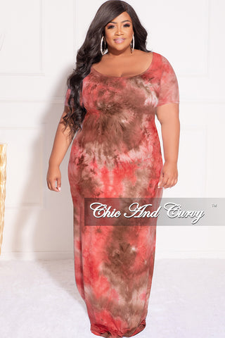 Final Sale Plus Size Short Sleeve Deep Scoop Neck Maxi Dress in Red & Brown Tie Dye Print