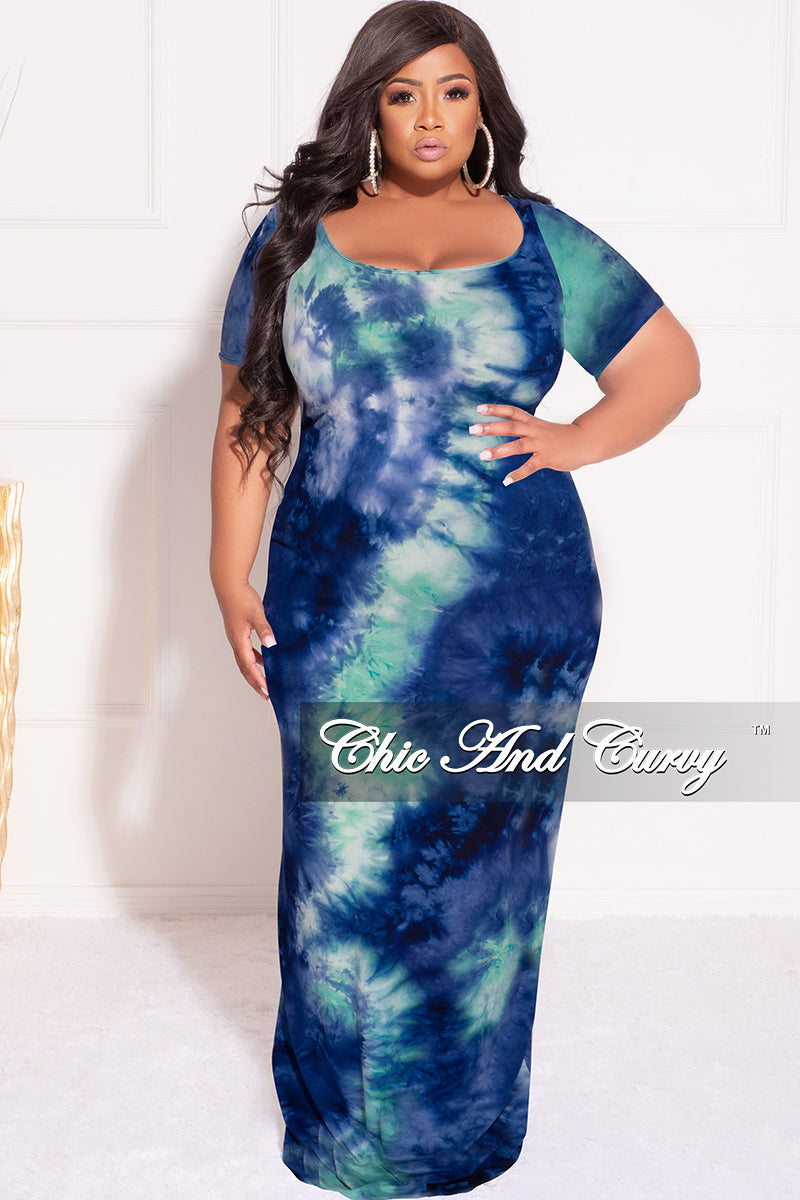 Final Sale Plus Size Short Sleeve Deep Scoop Neck Maxi Dress in Royal Blue & Aqua Tie Dye Print / Headband
