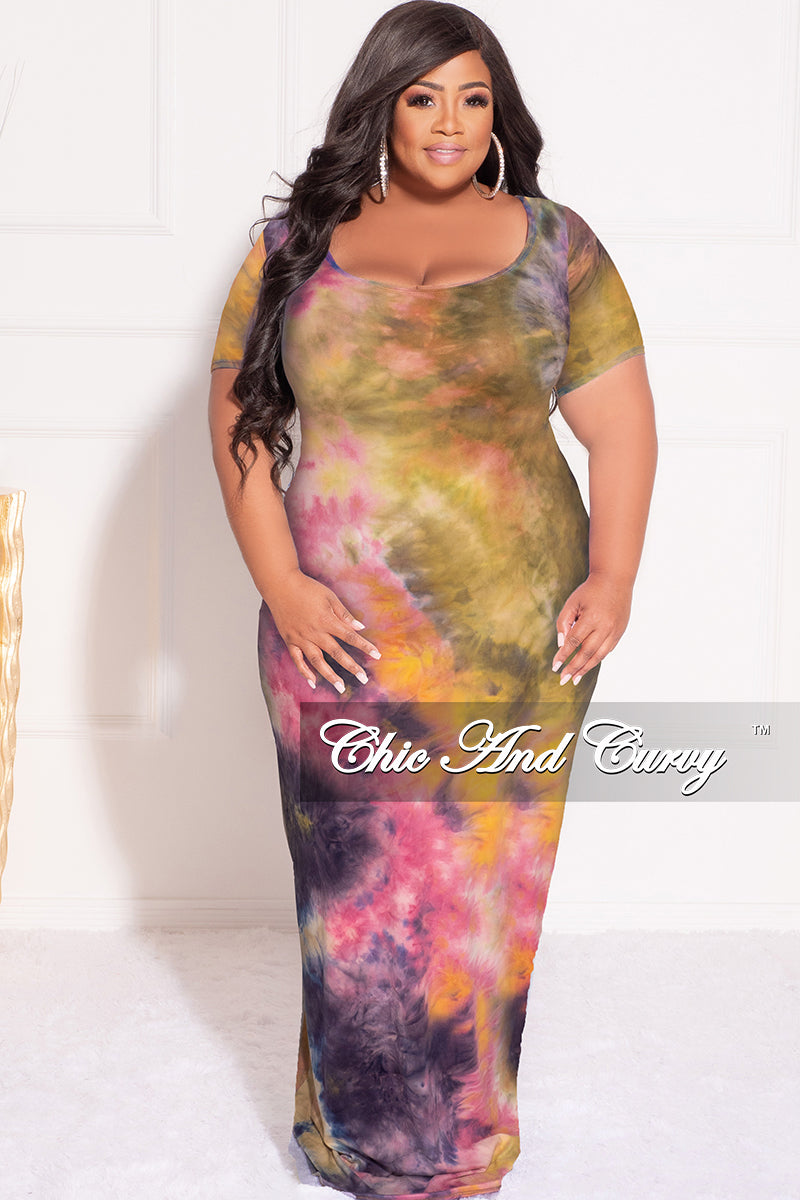 Final Sale Plus Size Short Sleeve Deep Scoop Neck Maxi Dress in Yellow and Pink Tie Dye / Headband