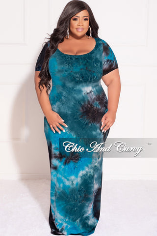 Final Sale Plus Size Short Sleeve Deep Scoop Neck Maxi Dress in Turquoise & Black Tie Dye Print