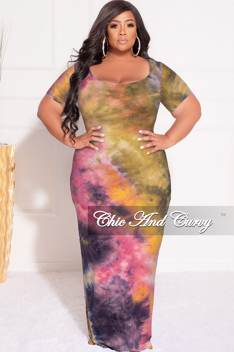Final Sale Plus Size Short Sleeve Deep Scoop Neck Maxi Dress in Yellow and Pink Tie Dye / Headband