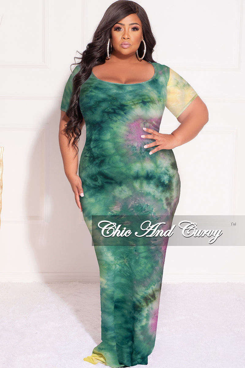 Final Sale Plus Size Short Sleeve Deep Scoop Neck Maxi Dress in Green, Purple and Yellow Tie Dye Print - 2x 18/20 Final Sale Plus Size Short Sleeve Deep Scoop Neck Maxi Dress in Green, Purple and Yellow Tie Dye Print - 2x 18/20