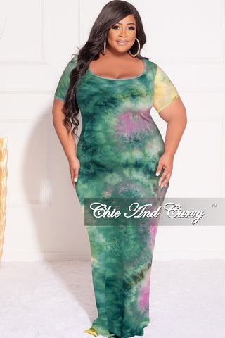 Final Sale Plus Size Short Sleeve Deep Scoop Neck Maxi Dress in Green, Purple and Yellow Tie Dye Print
